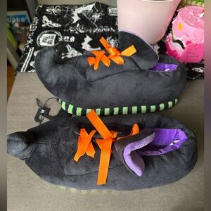 Black Witch Shoe Slippers with Orange Bow and Purple Lining